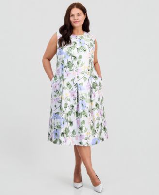 Plus Size Floral-Print Box-Pleat Midi Dress