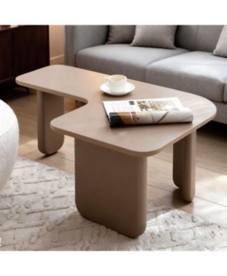 35.43" L-Shape Modern Coffee Table, Multi-layer Green Paint, Khaki