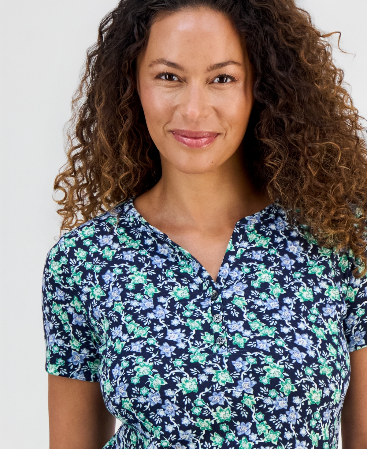 Style & Co Women's Printed Short-Sleeve Henley Top, Exclusively at Macy's