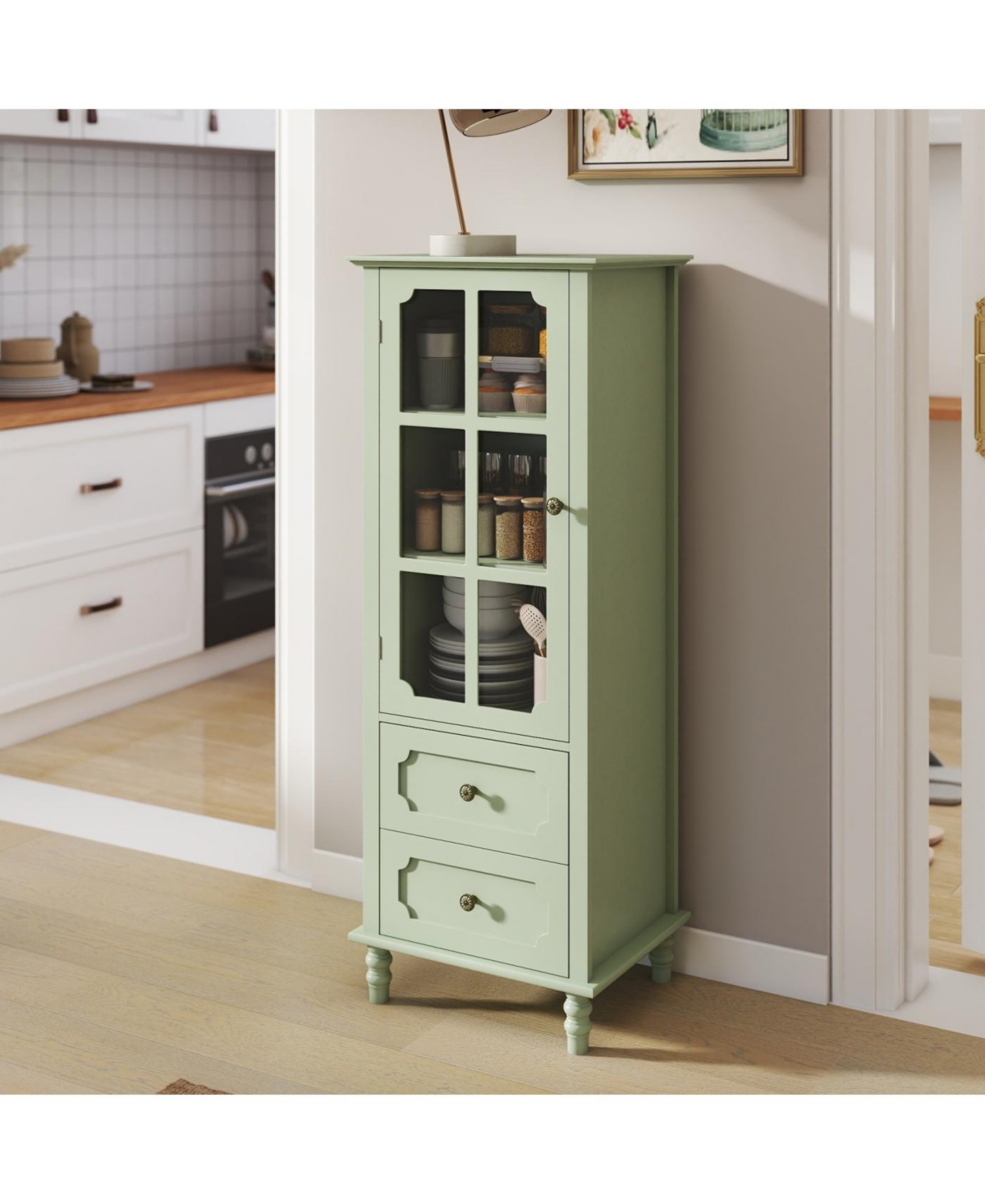 Streamdale Furniture Minimalist Mint Green Buffet Cabinet with Glass Doors & Double Drawer