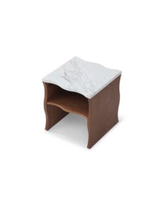 of Waves Modern End Table w/ Storage Shelf, Faux Marble Top, Walnut Brown