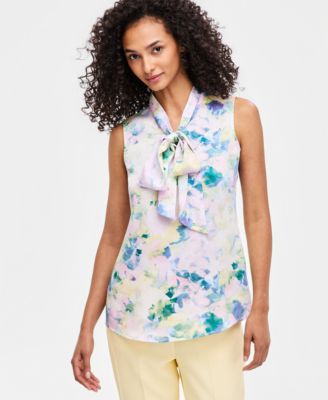 Women's Printed Tie-Neck Sleeveless Blouse