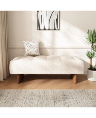 Streamdale Rectangular Tufted Linen Ottoman Bench with Solid Wood Legs, Beige