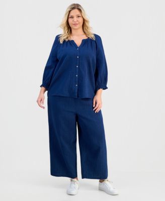 Plus Size Cotton Button-Front Blouse