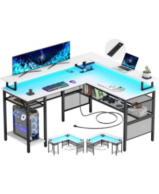 L Shaped Computer Desk with Power Outlets, 55 Inch Corner Desk with LED Lights, Monitor Stand and Shelves, Reversible
