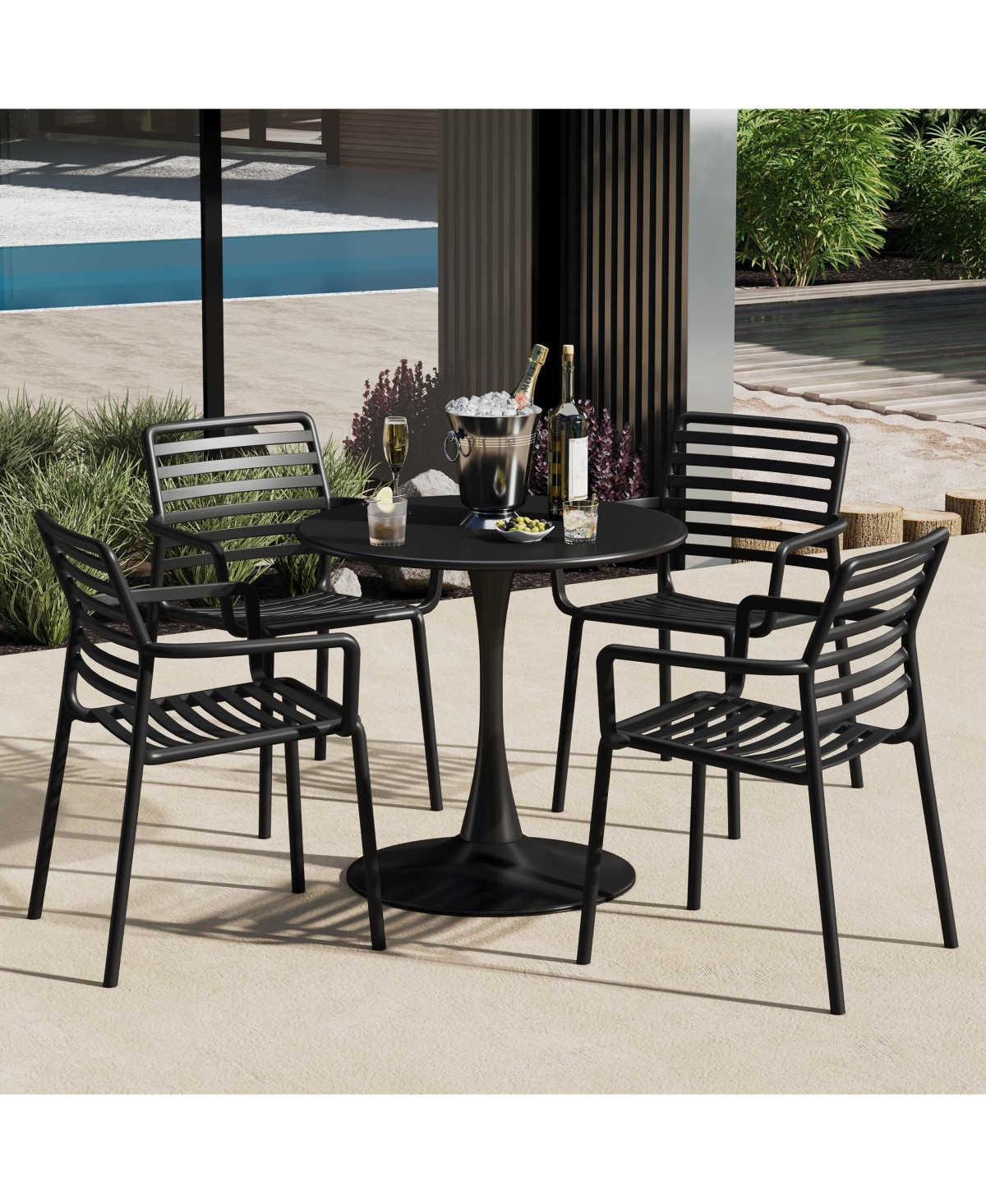 WestinTrends 5-Piece Indoor Outdoor Metal Patio Dining Table Set With Stackable Plastic Arm Chairs