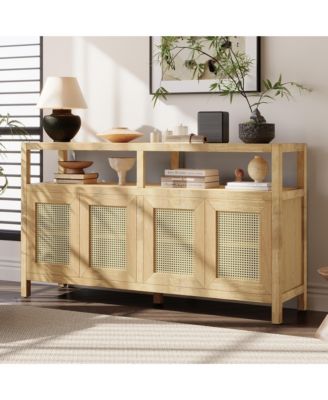 TREXM Bohemian Rattan Buffet Cabinet with Solid Wood Frame 3-Position Shelves and Push-to-Open Design