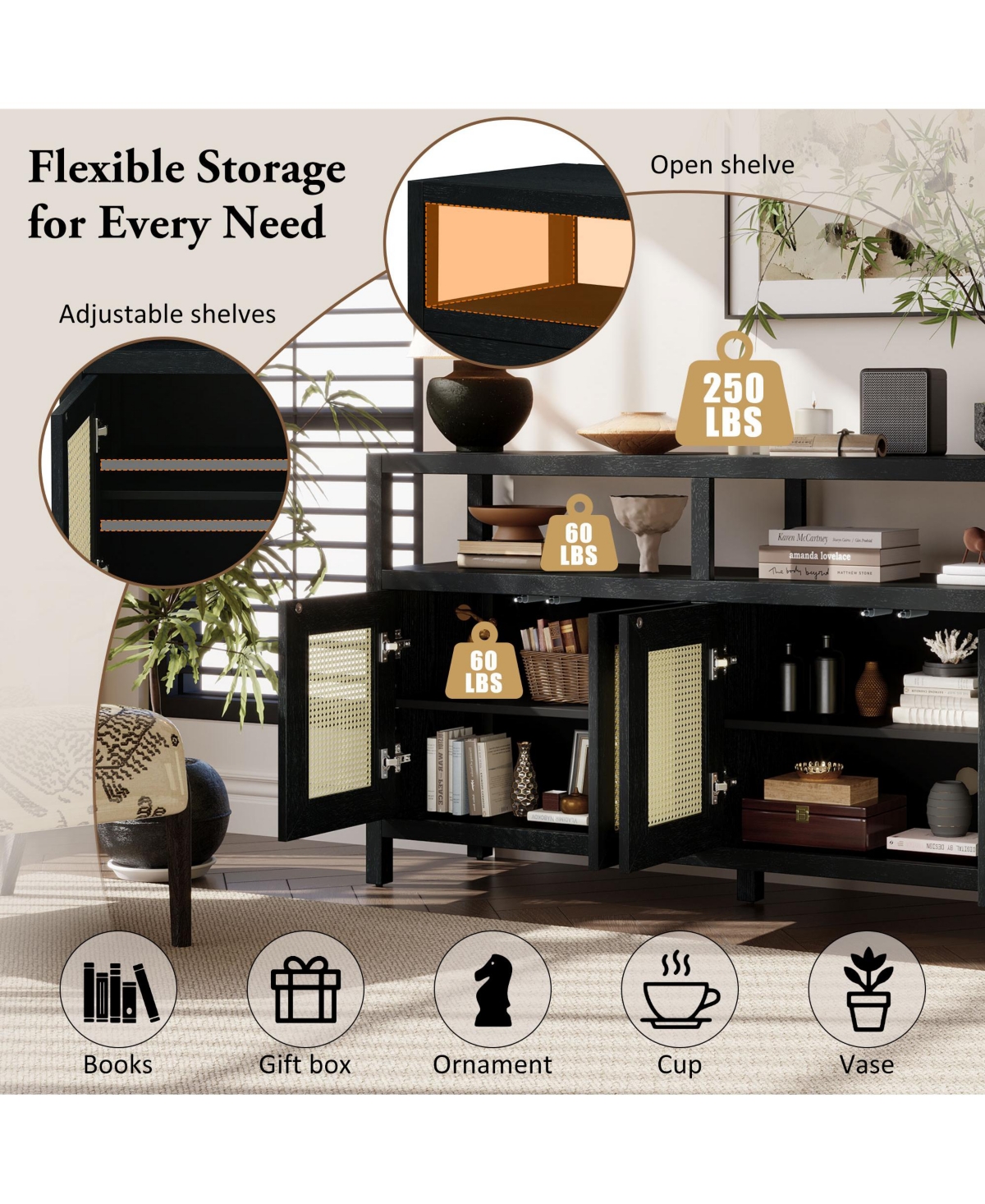 Casainc Trexm Bohemian Rattan Buffet Cabinet with Solid Wood Frame 3-Position Shelves and Push-to-Open Design