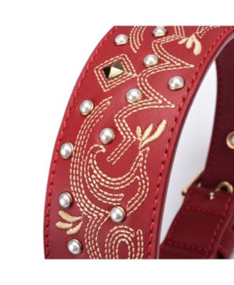 Western Style Full Grain Genuine Leather Embroidered Dog Collar with Pearl or Turquoise Studs