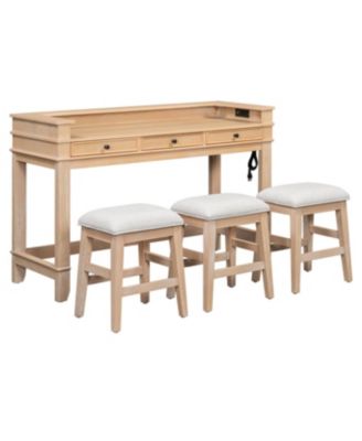 4-Piece Retro Dining Table Set for 3 with 3 Storage Drawers (Natural