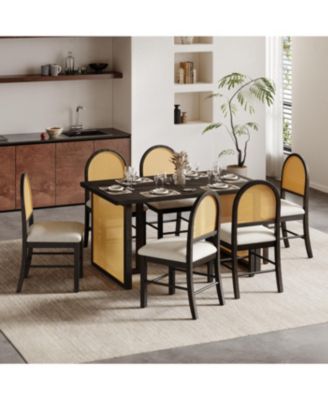 7-Piece Farmhouse Dining Set for 6 - 59.8" Distressed Oak Table & 6 Rattan Chairs