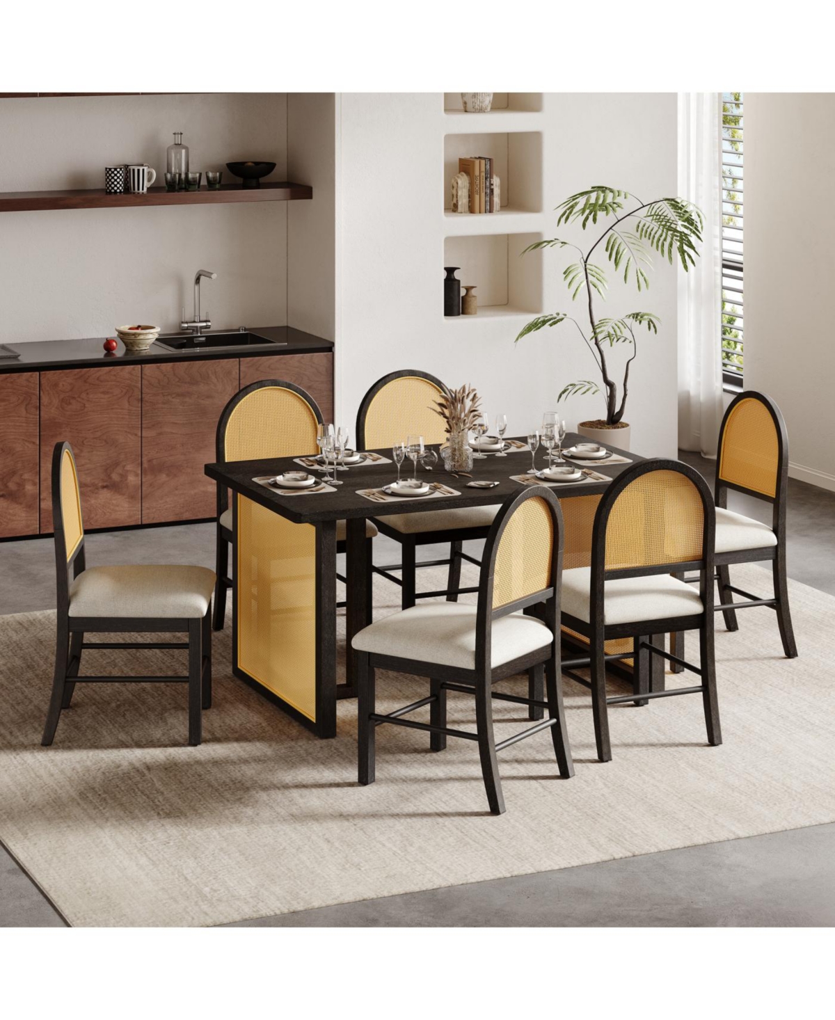 Streamdale Furniture 7-Piece Farmhouse Dining Set for 6 - 59.8" Distressed Oak Table & 6 Rattan Chairs