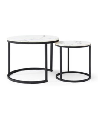  Set of 2 White/Gray Marble Pattern Nesting Coffee Tables with Black Frame