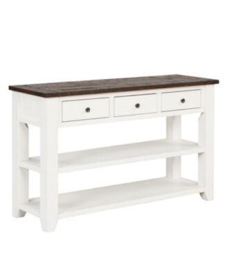 48" Solid Pine Wood Top Console Table with 3 Drawers & 2 Shelves (Antique White/Brown)
