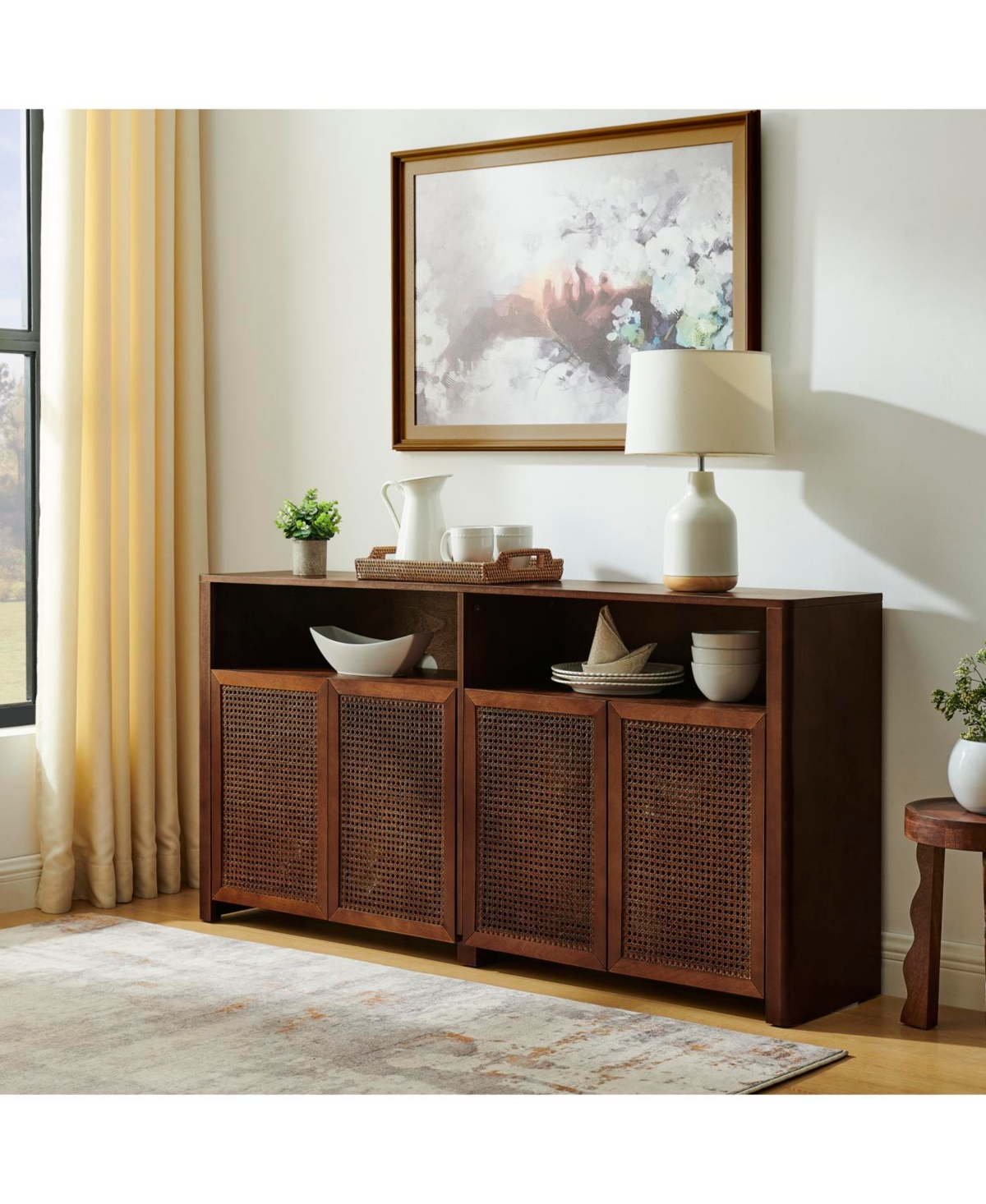 Streamdale Furniture 63" Mid Century Modern Rattan Sideboard Buffet Cabinet with Storage, Retro Coffee Bar Credenza