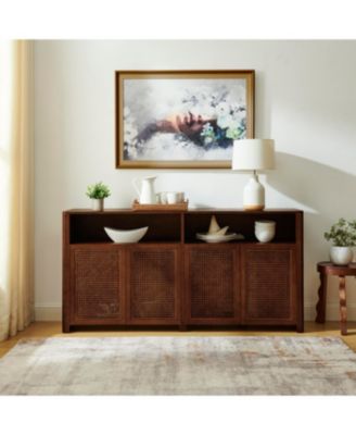 63" Mid Century Modern Rattan Sideboard Buffet Cabinet with Storage, Retro Coffee Bar Credenza