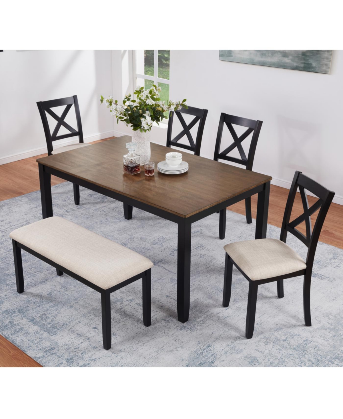 Streamdale Furniture 6-Piece Dining Table Set with Bench, Classic Wooden Dining Table for 6, Farmhouse Style