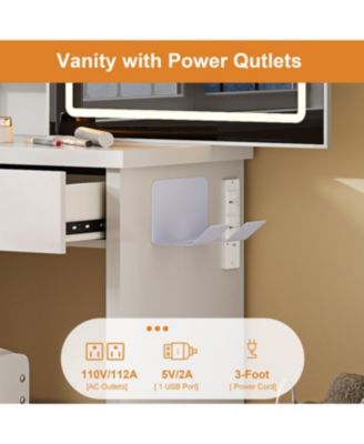  Vanity Desk Set with Lighted Mirror, 4 Drawers, 9 Storage Spaces & Stool, White