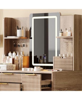 Streamdale 4-Drawer Vanity Desk with LED Mirror & Carved Details, Makeup Table with Stool