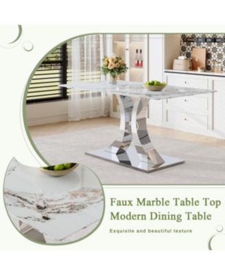  Luxury Modern 63" Dining Table Set w/ 4 Upholstered Chairs, White Glass Top, Steel Base