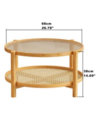 Rattan Coffee Table with Glass Top and Storage Shelf, Modern Round