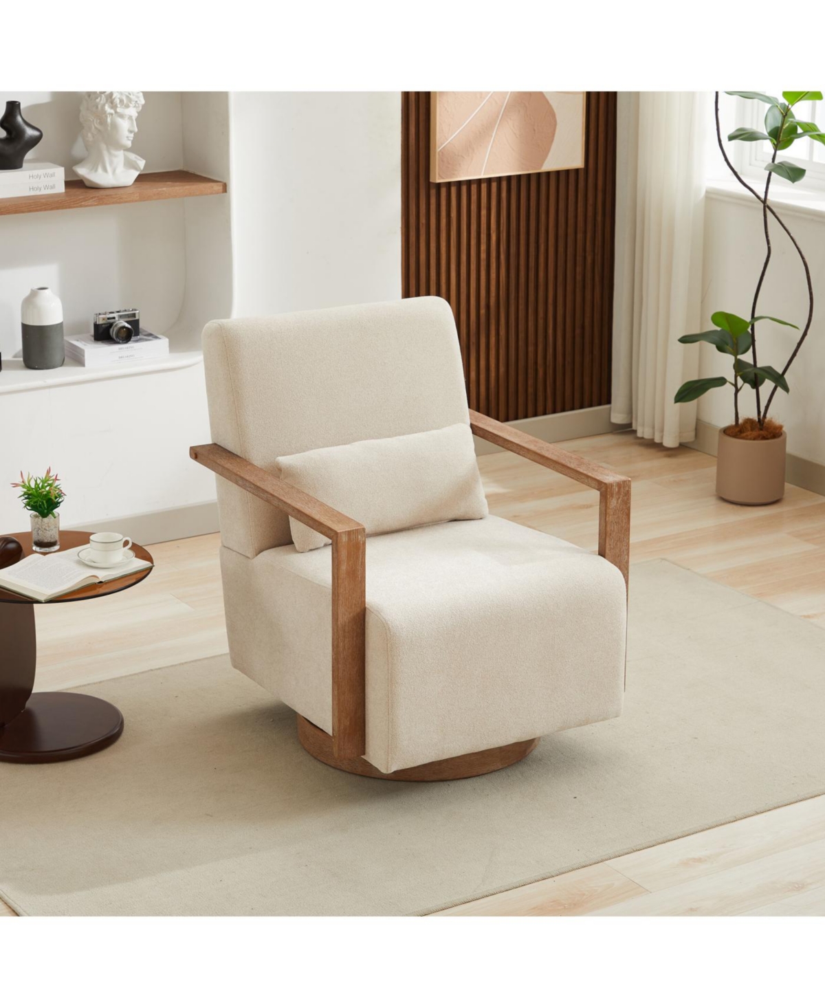 Streamdale Furniture Modern Upholstered Swivel Accent Chair with Solid Wood Armrests - Beige