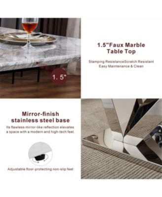  Marble Dining Table for 6, 70" Faux Marble & Stainless Steel Base Kitchen Table