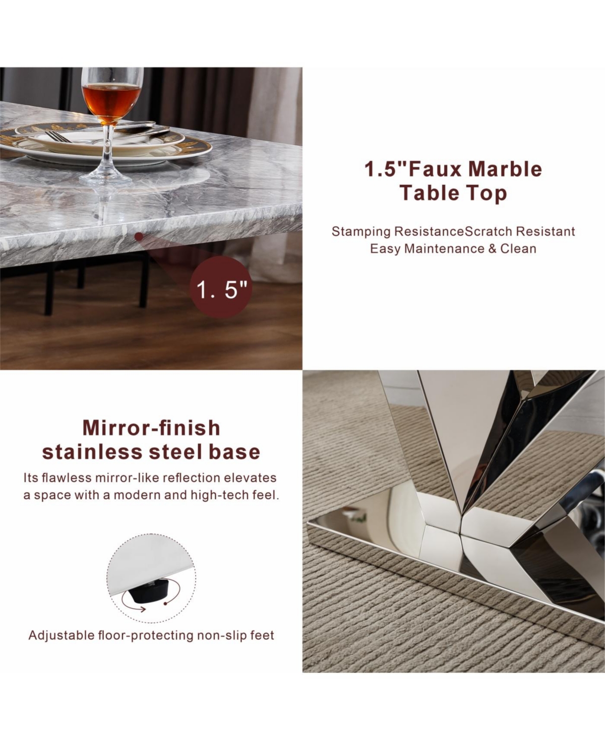 Streamdale Furniture Marble Dining Table for 6, 70" Faux Marble & Stainless Steel Base Kitchen Table