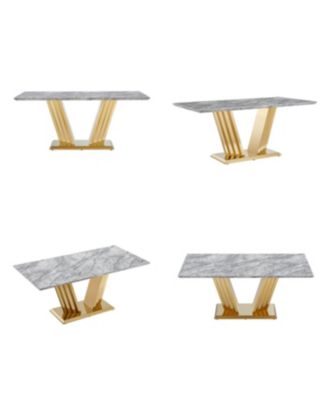 Marble Dining Table for 6, 70" Rectangle Faux Marble w/Mirrored Stainless Steel Base (Gold, Grey)
