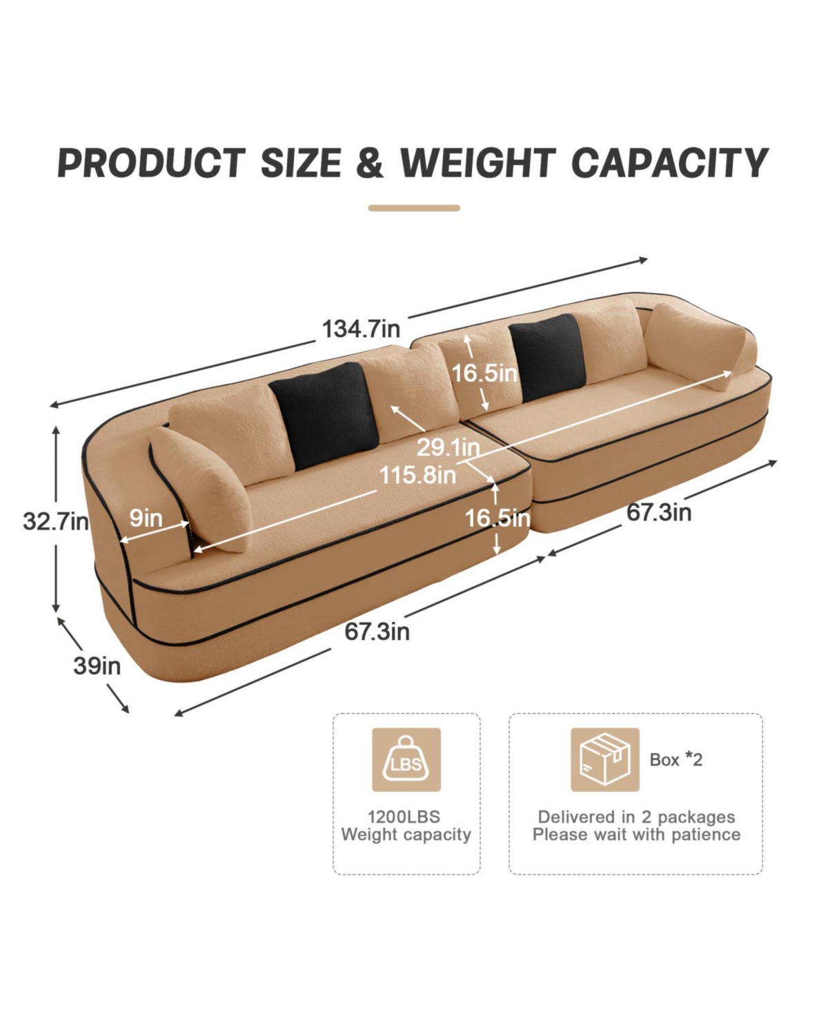 Streamdale Furniture Streamdale Teddy Fabric 4-Seat Boneless Sofa, Camel