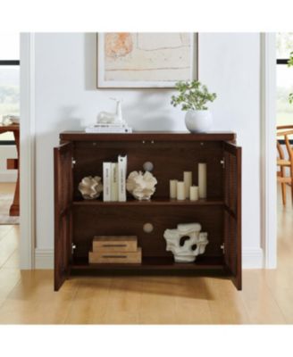 Mid Century Modern Rattan Sideboard Buffet Cabinet with 2 Outlets, Walnut