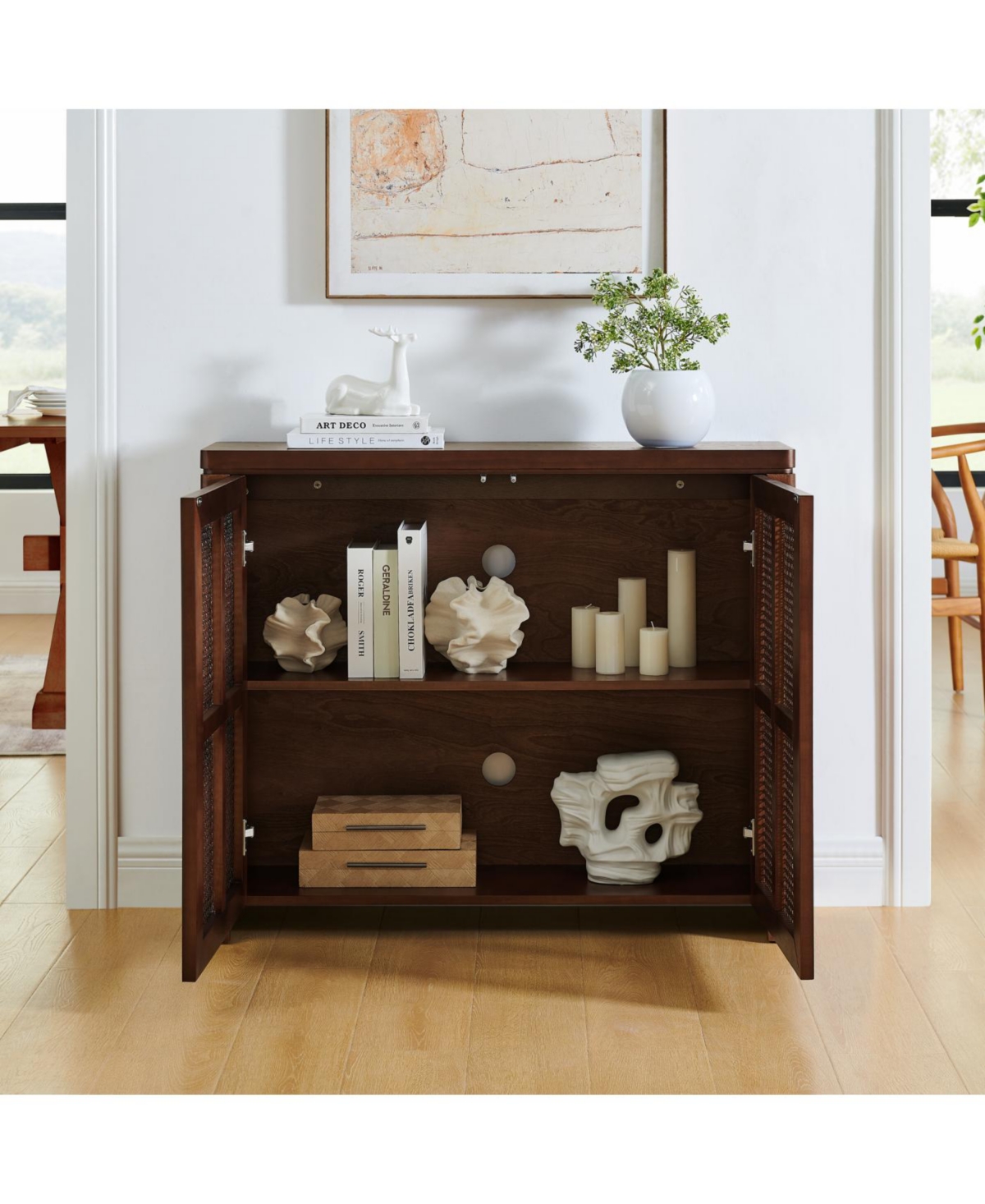 Streamdale Furniture Streamdale Mid Century Modern Rattan Sideboard Buffet Cabinet with 2 Outlets, Walnut