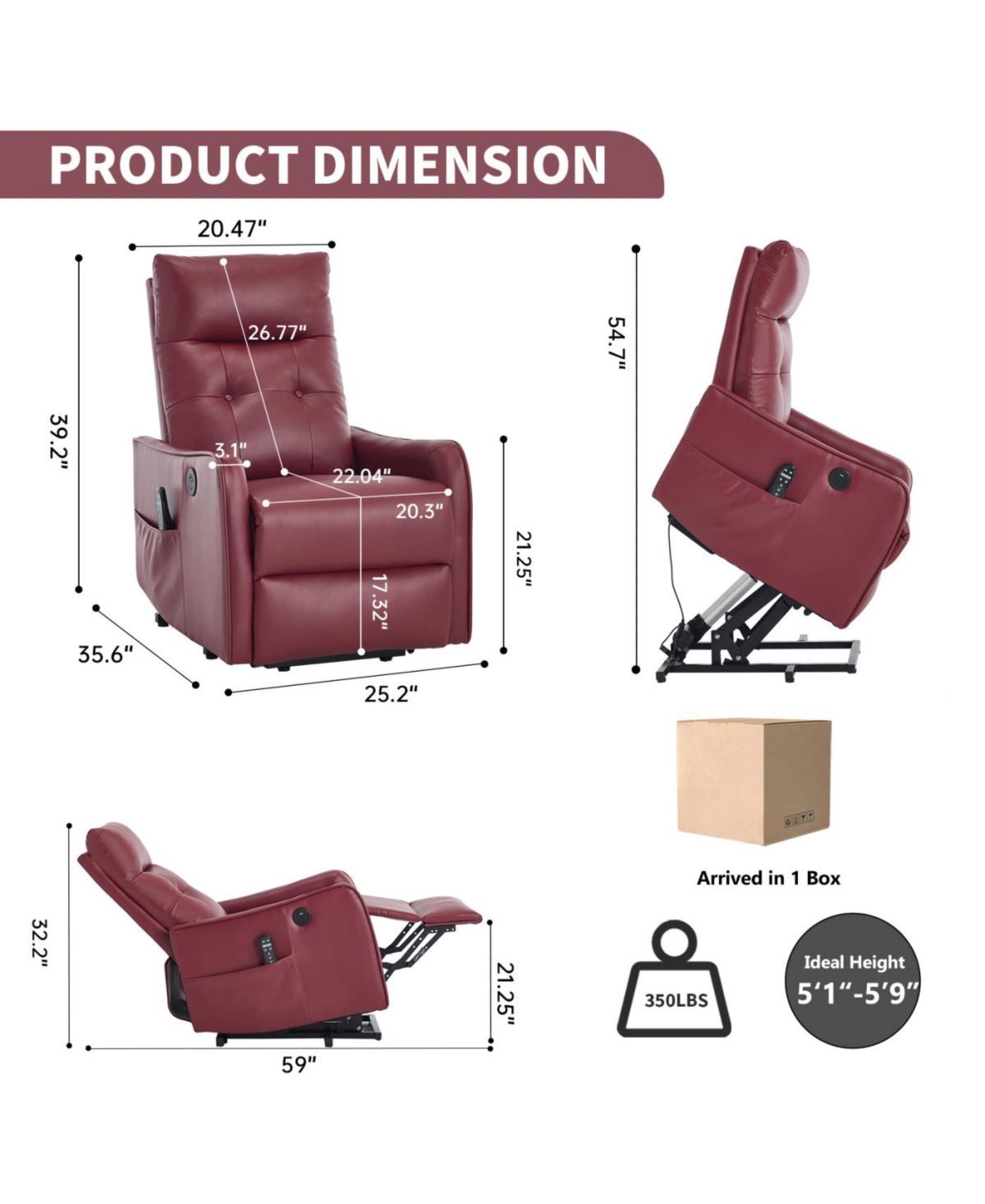 Streamdale Furniture Streamdale Wine Red Pu Power Lift Recliner Chair with Massage & Heat