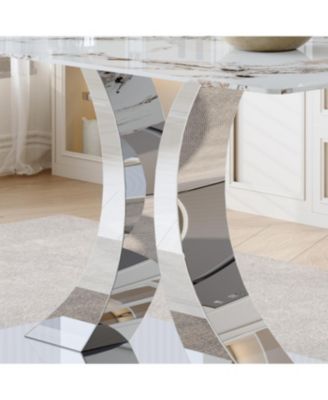  Switchable Mode Stainless Steel Legs Dining Set: White Glass Top & 4 Armchairs