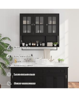  Bathroom Wall Cabinet, 3-Door Wooden Cabinet with Open/Hidden Storage, Black