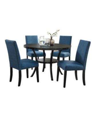 Espresso Wood Dining Set with Blue Fabric Nailhead Chairs