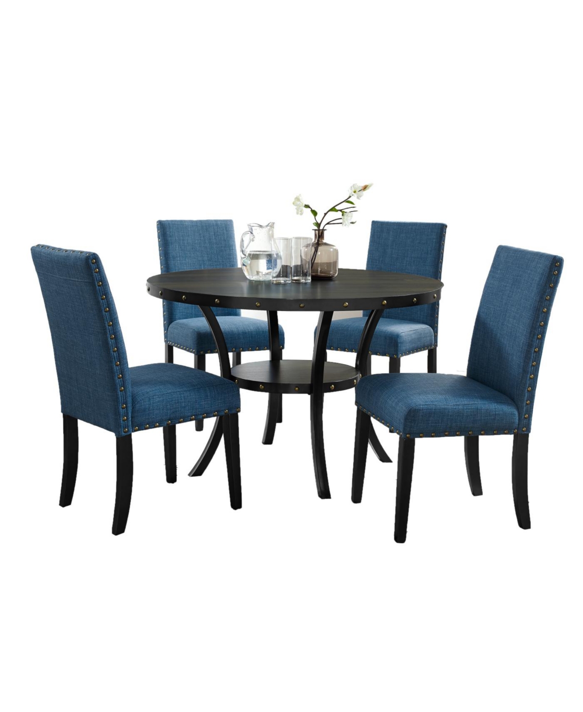 Streamdale Furniture Espresso Wood Dining Set with Blue Fabric Nailhead Chairs