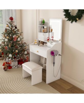 Streamdale 3-Color LED Vanity Mirror with Stool & Pink Dressing Table, 2 Drawers, 5 Cabinets