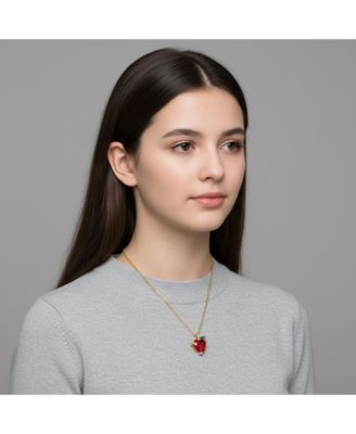 Plated with Colored Cubic Zirconia Heart & Leaf Pendant Necklace