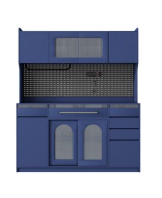  Freestanding 63" W Buffet with Hutch, Coffee Bar Storage Cabinet, Blue