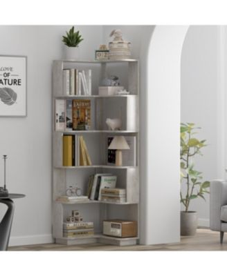 Streamdale 6 Tier L-Shaped Corner Bookshelf with Anti-Drop Panel & Tipping Device, Light Gray