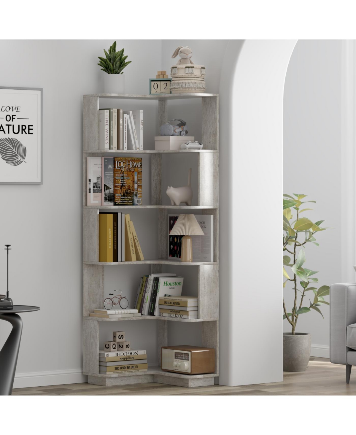 Streamdale 6 Tier L-Shaped Corner Bookshelf with Anti-Drop Panel & Tipping Device, Light Gray