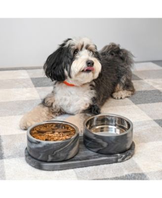 Marbre Small/Medium Modern Weighted Double Marble and Stainless Steel Bowl 12oz (1.5 Cups) Feeder with Non-Slip Marble Tray Set