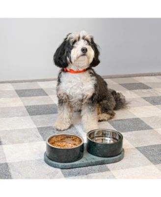 Marbre Small/Medium Modern Weighted Double Marble and Stainless Steel Bowl 12oz (1.5 Cups) Feeder with Non-Slip Marble Tray Set