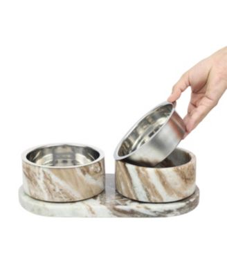 Marbre Small/Medium Modern Weighted Double Marble and Stainless Steel Bowl 12oz (1.5 Cups) Feeder with Non-Slip Marble Tray Set