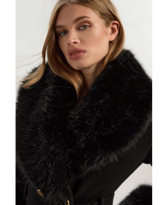 Women's Wool Detachable Fur Belted Midi Coat