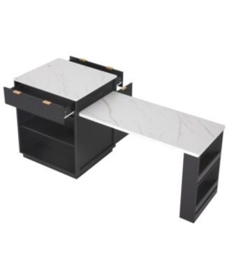 Fluted Kitchen Island with Extendable Dining Table, Power Outlet & Storage