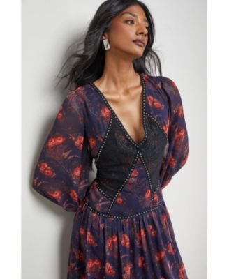 Women's Plunge Neck Pleated Maxi Dress