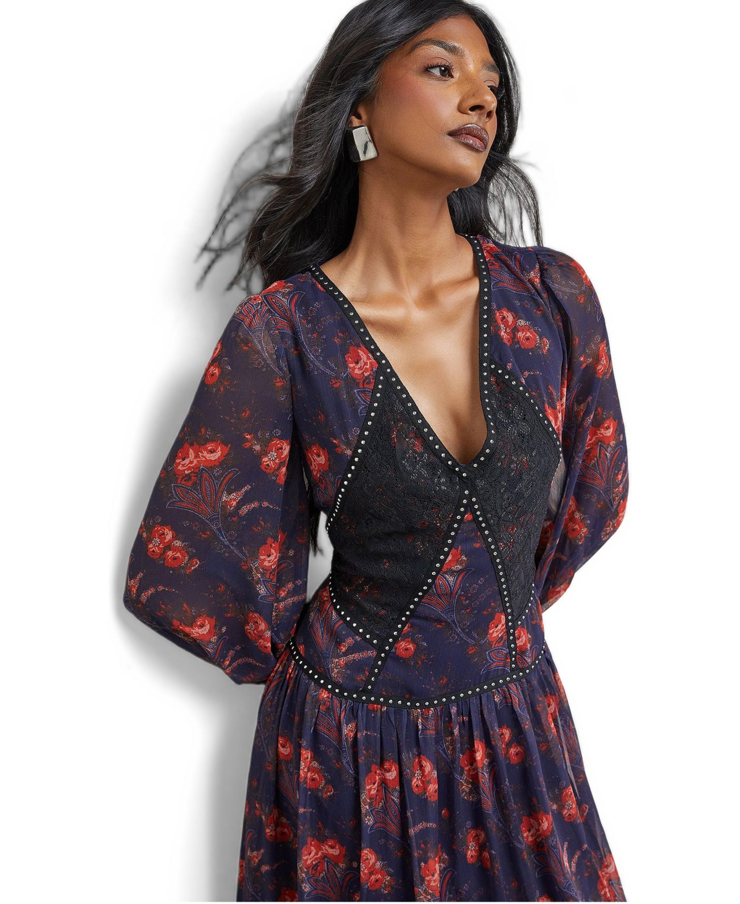 Women's Plunge Neck Pleated Maxi Dress