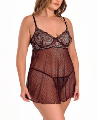 Plus Size Lace and Dotted Mesh Babydoll Lingerie Set
